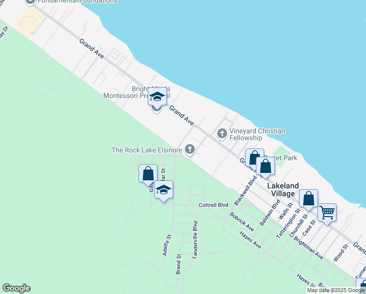 map of restaurants, bars, coffee shops, grocery stores, and more near 33082 Adelfa Street in Lake Elsinore