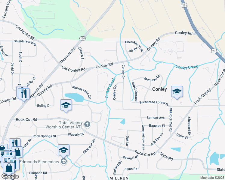 map of restaurants, bars, coffee shops, grocery stores, and more near 4122 Conley Circle in Conley