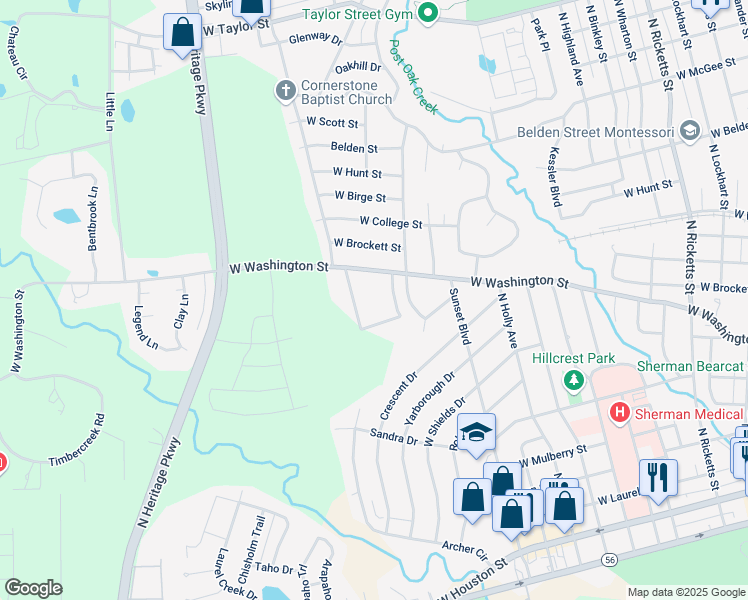 map of restaurants, bars, coffee shops, grocery stores, and more near 1800 West Washington Street in Sherman