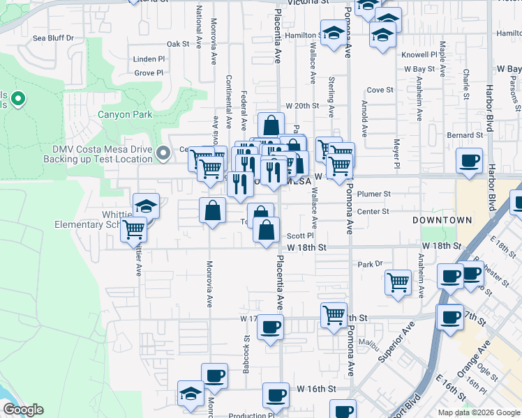 map of restaurants, bars, coffee shops, grocery stores, and more near 825 Center Street in Costa Mesa