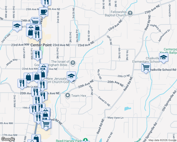 map of restaurants, bars, coffee shops, grocery stores, and more near 404 22nd Avenue Northeast in Center Point