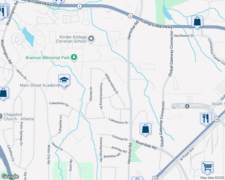 map of restaurants, bars, coffee shops, grocery stores, and more near 4149 Williamsburg Drive in College Park