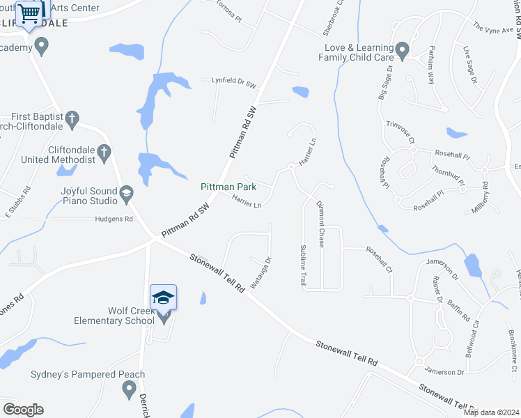 map of restaurants, bars, coffee shops, grocery stores, and more near 5845 Harrier Lane in Atlanta