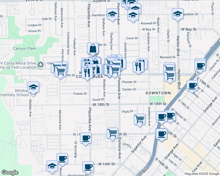 map of restaurants, bars, coffee shops, grocery stores, and more near 729 Center Street in Costa Mesa