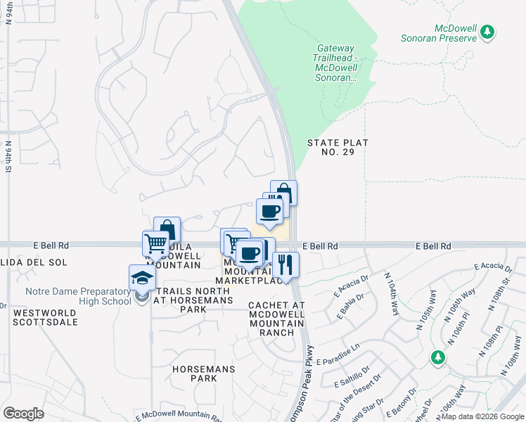 map of restaurants, bars, coffee shops, grocery stores, and more near 10062 East Bell Road in Scottsdale