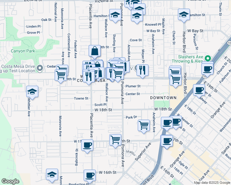 map of restaurants, bars, coffee shops, grocery stores, and more near 723 Center Street in Costa Mesa