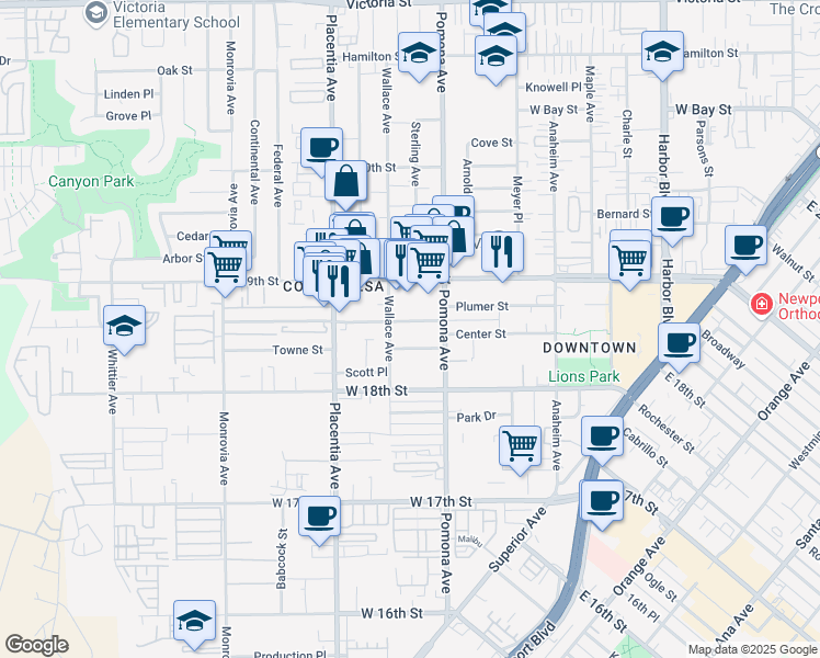 map of restaurants, bars, coffee shops, grocery stores, and more near 729 Center Street in Costa Mesa