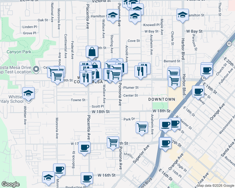 map of restaurants, bars, coffee shops, grocery stores, and more near 723 Center Street in Costa Mesa
