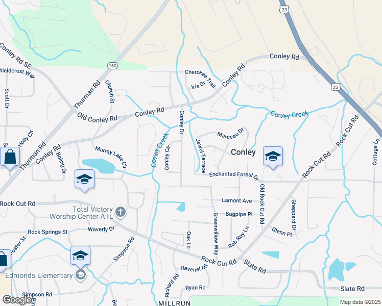 map of restaurants, bars, coffee shops, grocery stores, and more near 1457 Enchanted Forest Drive in Conley