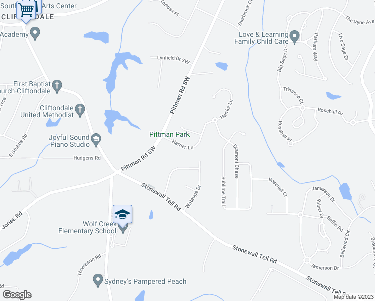 map of restaurants, bars, coffee shops, grocery stores, and more near 5853 Harrier Lane in Atlanta