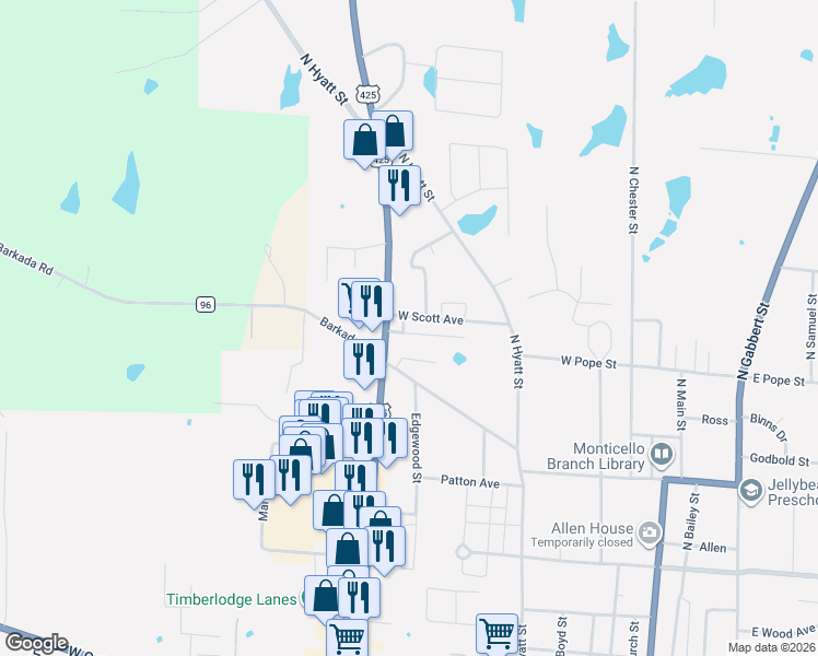 map of restaurants, bars, coffee shops, grocery stores, and more near 598 Ridgecrest Avenue in Monticello
