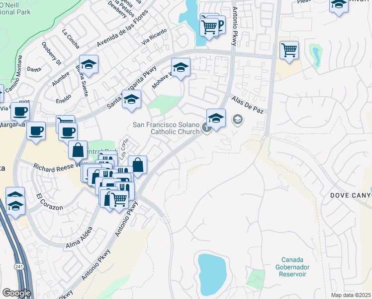 map of restaurants, bars, coffee shops, grocery stores, and more near 2 San Vincente in Rancho Santa Margarita