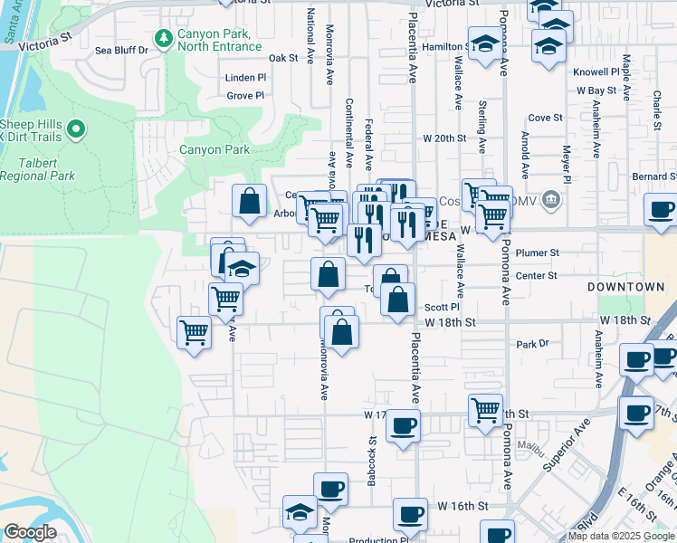 map of restaurants, bars, coffee shops, grocery stores, and more near 887 Center Street in Costa Mesa
