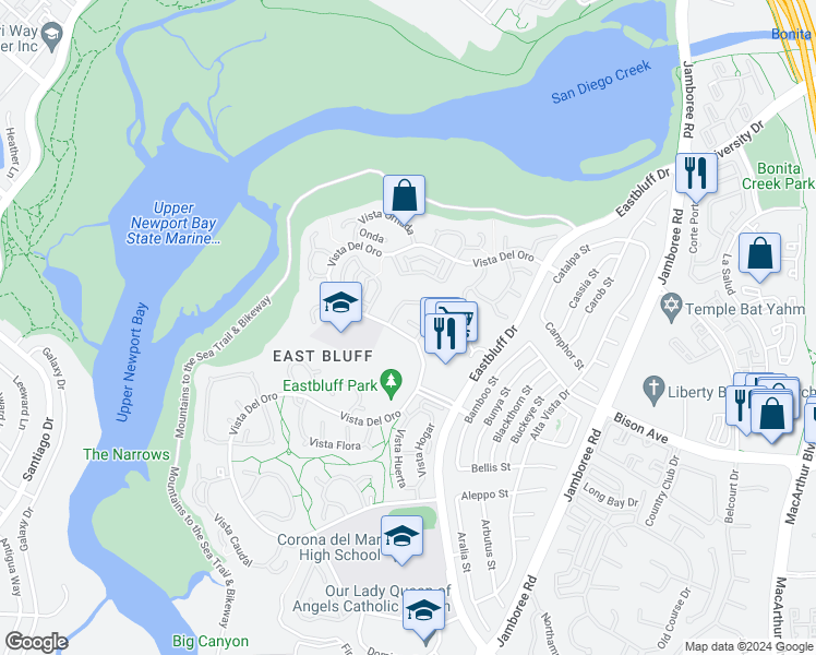 map of restaurants, bars, coffee shops, grocery stores, and more near 2516 Vista Del Oro in Newport Beach