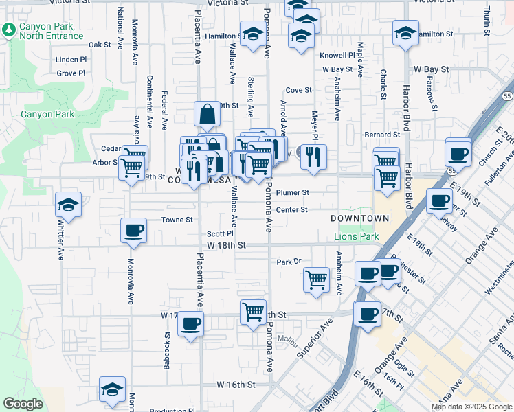 map of restaurants, bars, coffee shops, grocery stores, and more near 717 Center Street in Costa Mesa