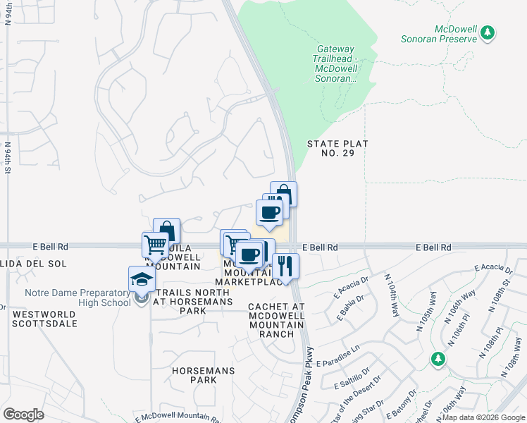 map of restaurants, bars, coffee shops, grocery stores, and more near 10062 East Bell Road in Scottsdale