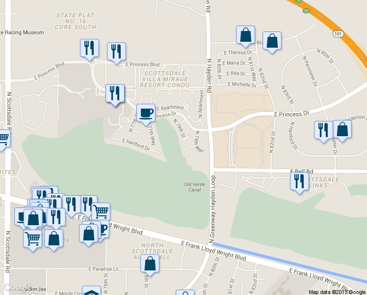 map of restaurants, bars, coffee shops, grocery stores, and more near 17220 North 79th Street in Scottsdale