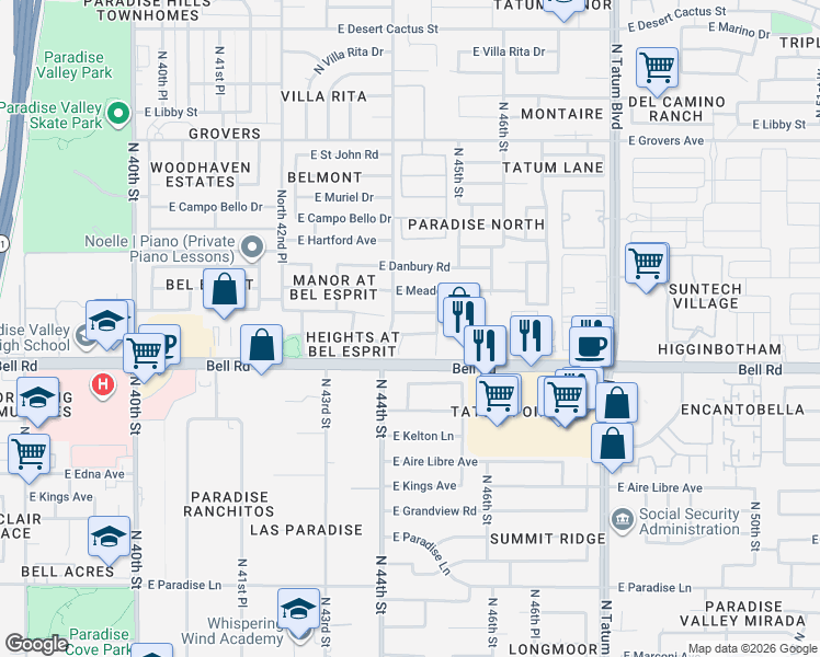 map of restaurants, bars, coffee shops, grocery stores, and more near 4413 East Anderson Drive in Phoenix