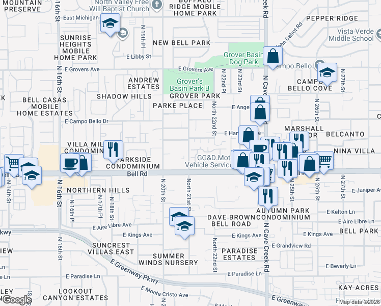 map of restaurants, bars, coffee shops, grocery stores, and more near 2150 East Bell Road in Phoenix