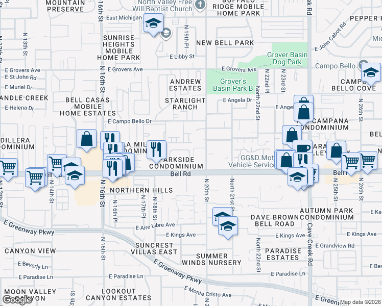 map of restaurants, bars, coffee shops, grocery stores, and more near 1920 East Bell Road in Phoenix