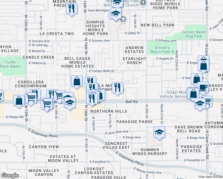 map of restaurants, bars, coffee shops, grocery stores, and more near 1814 East Bell Road in Phoenix