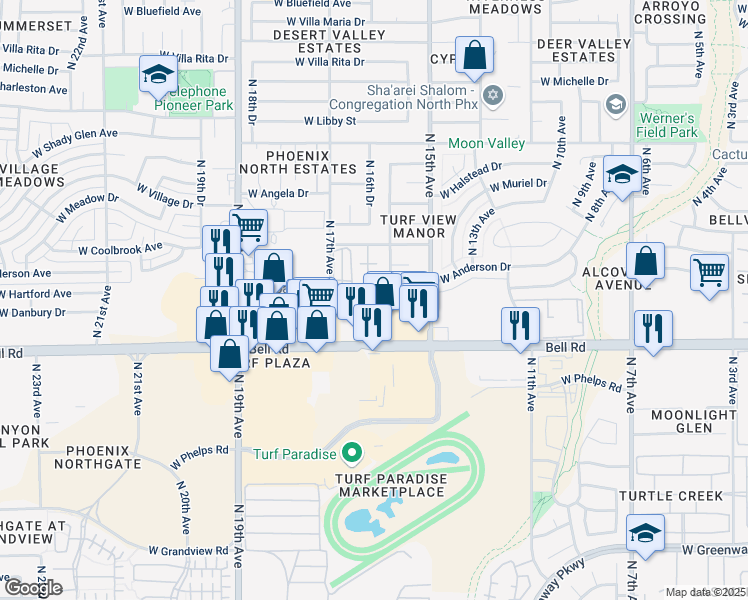 map of restaurants, bars, coffee shops, grocery stores, and more near 17206 North 16th Avenue in Phoenix