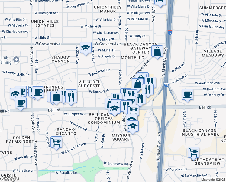 map of restaurants, bars, coffee shops, grocery stores, and more near 2930 West Danbury Drive in Phoenix