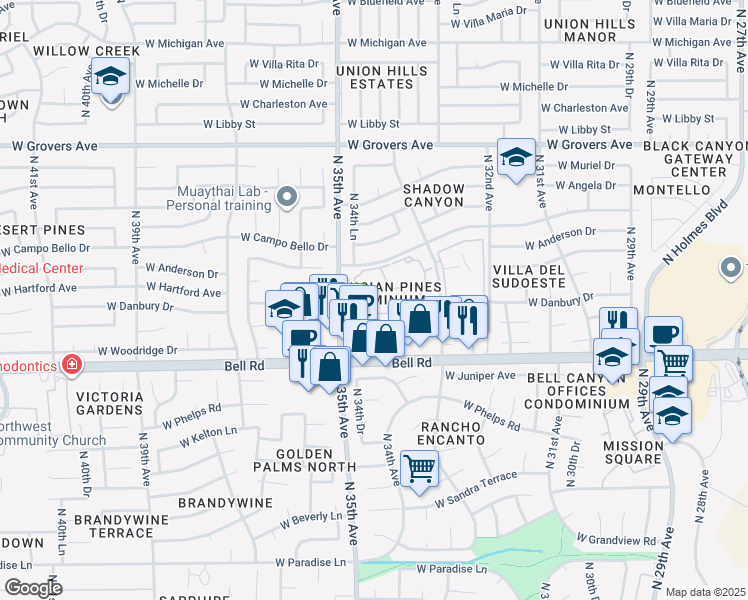 map of restaurants, bars, coffee shops, grocery stores, and more near 3329 West Danbury Drive in Phoenix