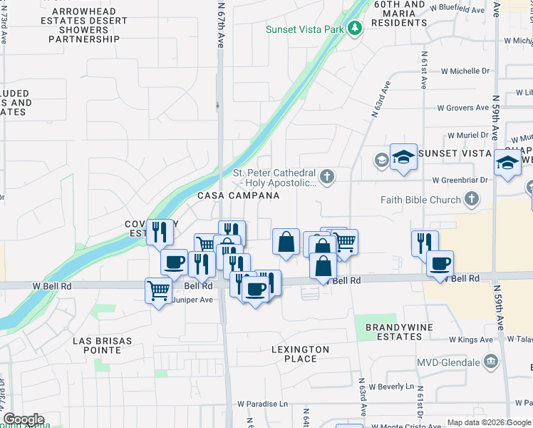 map of restaurants, bars, coffee shops, grocery stores, and more near 6607 Camino De La Campana in Glendale