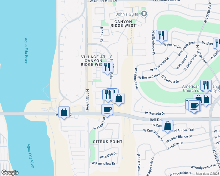 map of restaurants, bars, coffee shops, grocery stores, and more near 11410 West Foxfire Drive in Surprise