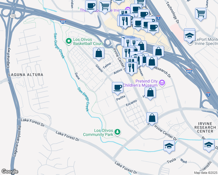 map of restaurants, bars, coffee shops, grocery stores, and more near Lion Country in Irvine