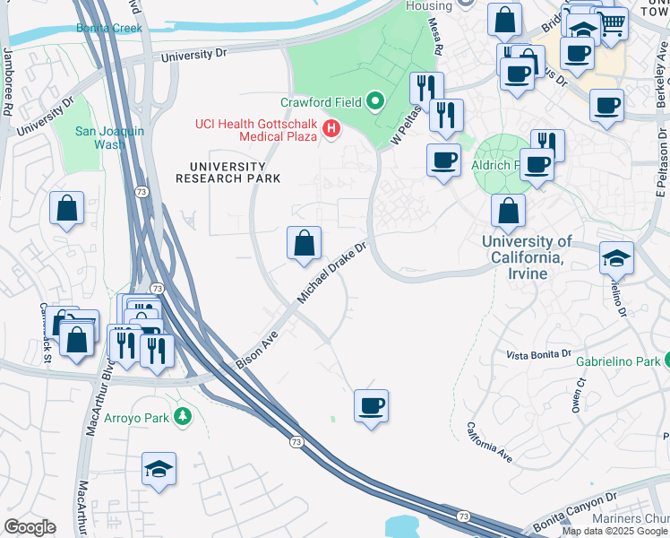 map of restaurants, bars, coffee shops, grocery stores, and more near 900 Health Sciences Road in Irvine