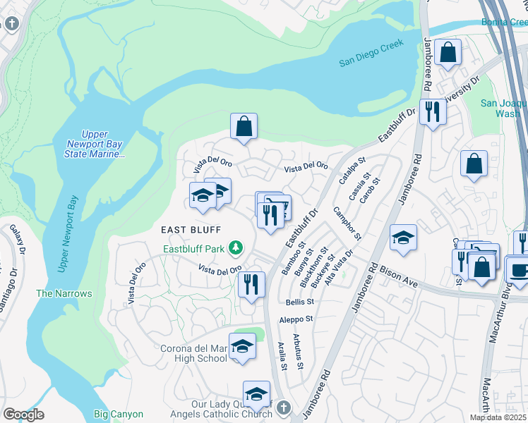 map of restaurants, bars, coffee shops, grocery stores, and more near 412 Vista Trucha in Newport Beach