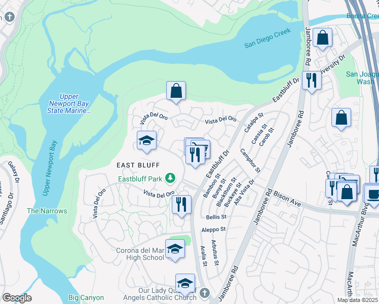 map of restaurants, bars, coffee shops, grocery stores, and more near 412 Vista Trucha in Newport Beach