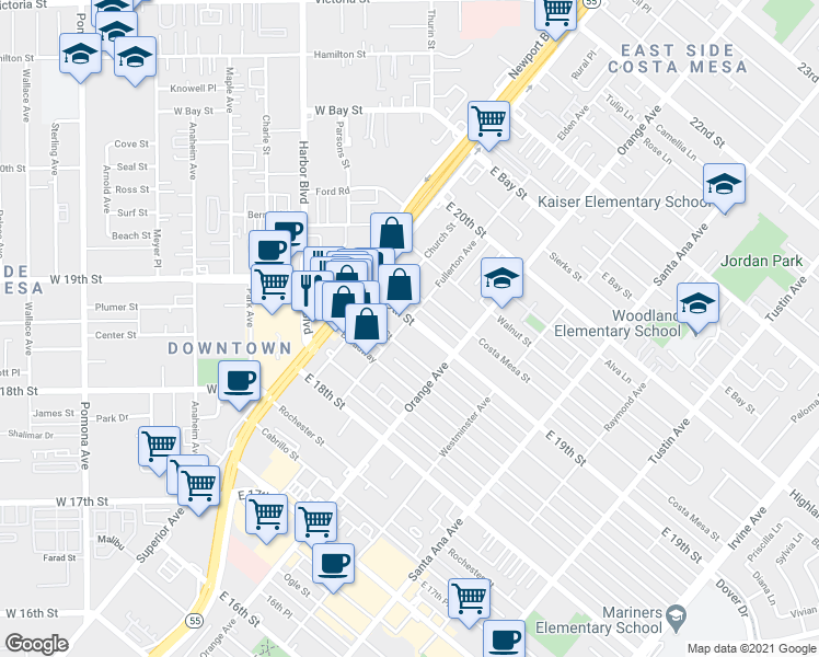 map of restaurants, bars, coffee shops, grocery stores, and more near 151 1/2 East 19th Street in Costa Mesa