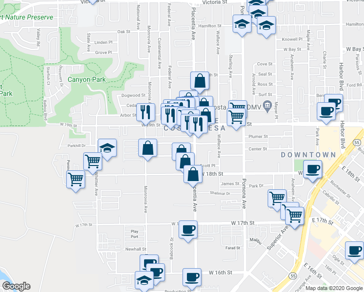 map of restaurants, bars, coffee shops, grocery stores, and more near 825 Center Street in Costa Mesa