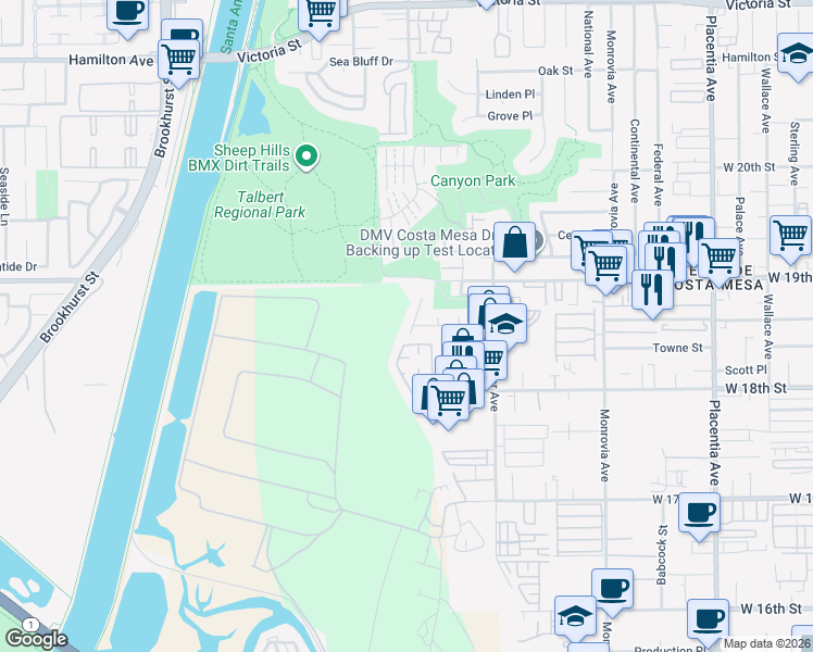map of restaurants, bars, coffee shops, grocery stores, and more near 1868 Parkview Circle in Costa Mesa