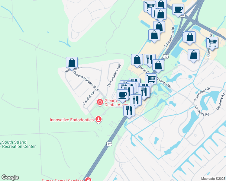 map of restaurants, bars, coffee shops, grocery stores, and more near 304 Shelby Lawson Drive in Myrtle Beach