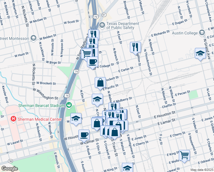 map of restaurants, bars, coffee shops, grocery stores, and more near 608 North Montgomery Street in Sherman