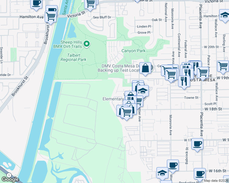 map of restaurants, bars, coffee shops, grocery stores, and more near 1868 Parkview Circle in Costa Mesa