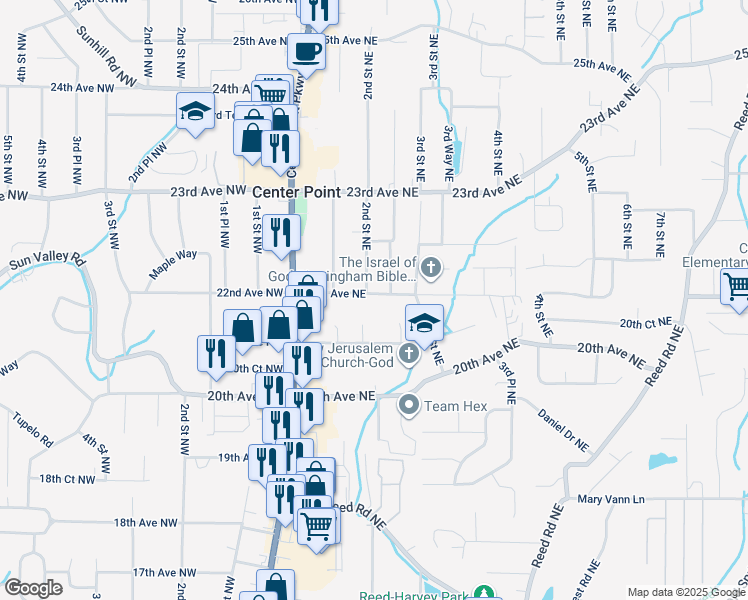 map of restaurants, bars, coffee shops, grocery stores, and more near 201 22nd Avenue Northeast in Center Point