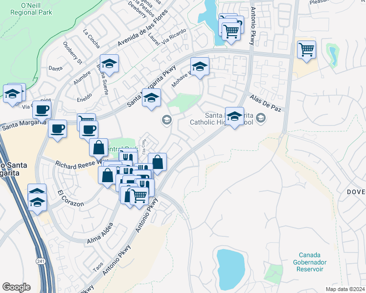 map of restaurants, bars, coffee shops, grocery stores, and more near 71 Vía Cresta in Rancho Santa Margarita