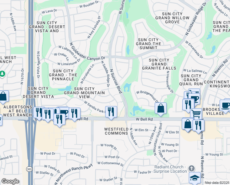 map of restaurants, bars, coffee shops, grocery stores, and more near 16058 West Glendora Court in Surprise