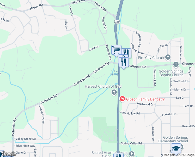 map of restaurants, bars, coffee shops, grocery stores, and more near April Lane in Anniston