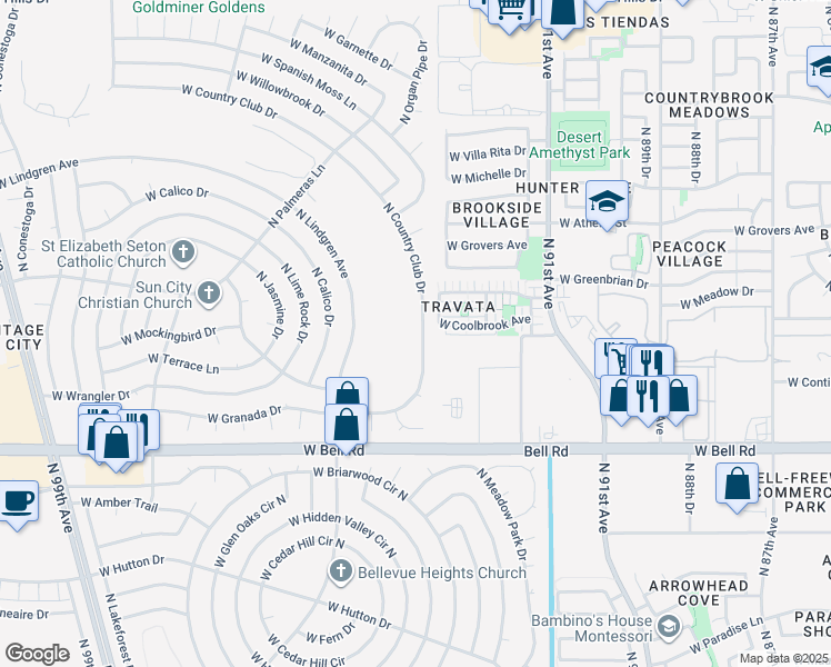 map of restaurants, bars, coffee shops, grocery stores, and more near 17402 North Country Club Drive in Sun City