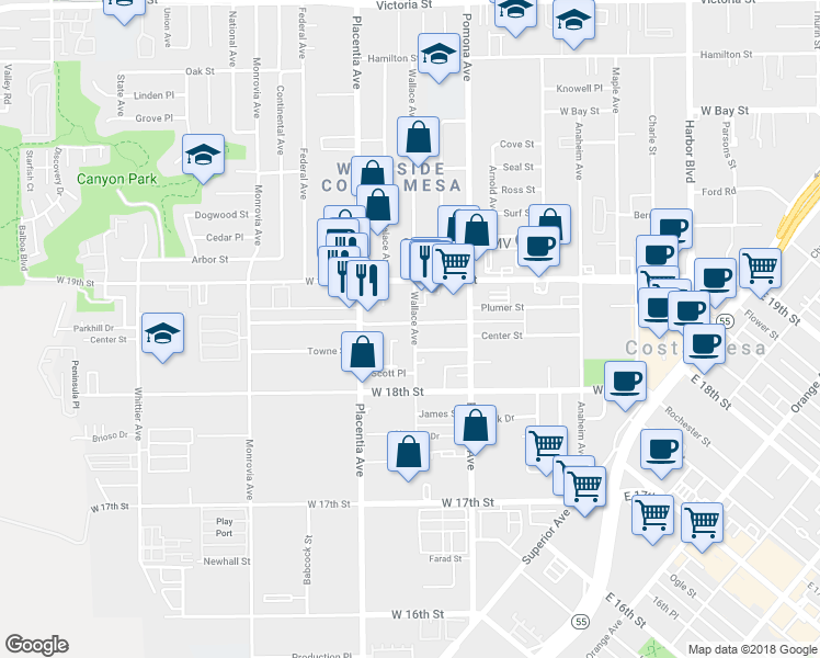 map of restaurants, bars, coffee shops, grocery stores, and more near 753 Center Street in Costa Mesa