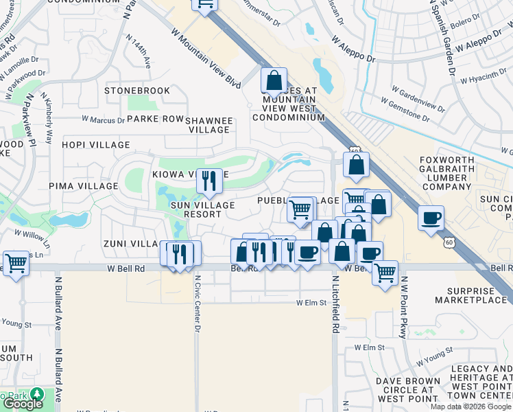map of restaurants, bars, coffee shops, grocery stores, and more near 14300 West Bell Road in Surprise
