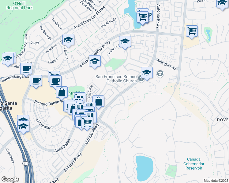 map of restaurants, bars, coffee shops, grocery stores, and more near 55 Vía Cresta in Rancho Santa Margarita