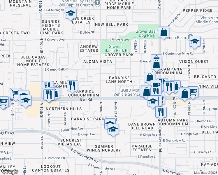 map of restaurants, bars, coffee shops, grocery stores, and more near 2020 East Bell Road in Phoenix