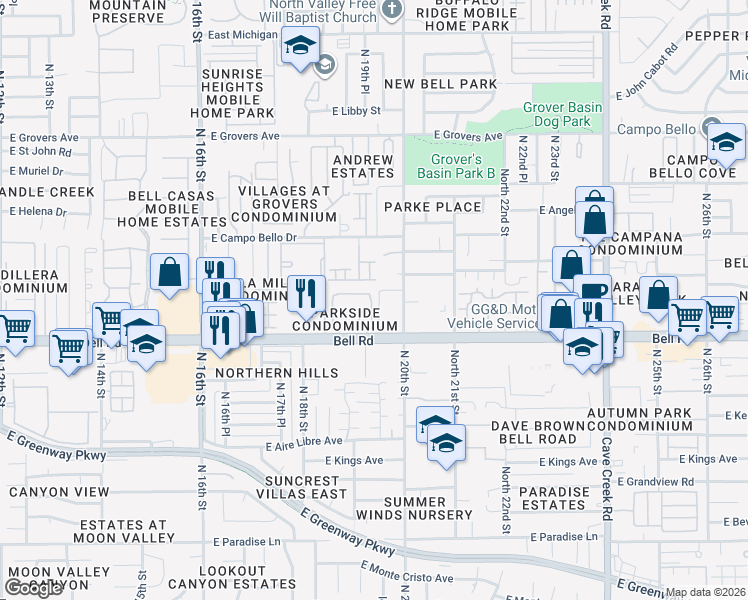 map of restaurants, bars, coffee shops, grocery stores, and more near 1920 East Bell Road in Phoenix